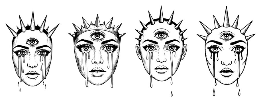 Woman face with third eye and crown of spikes in mystical engraving style