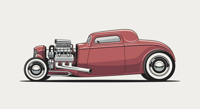 Classic red hot rod coupe with exposed engine and whitewall tires, side view