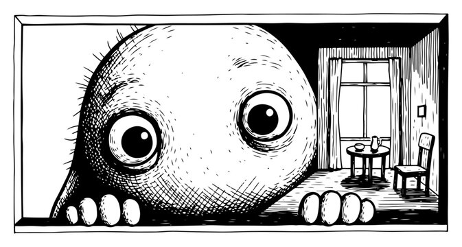 Giant creature with big eyes looking through a window into a small room in hand drawn ink sketch style