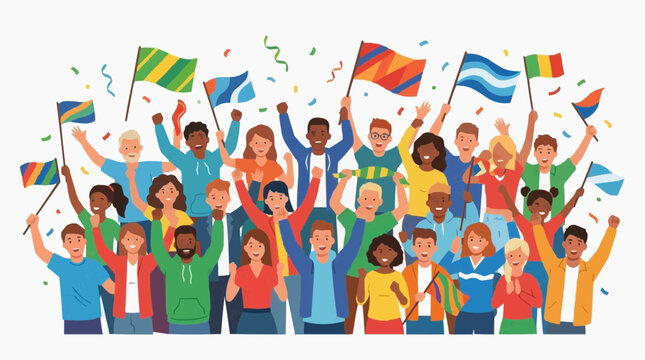 Diverse group of people celebrating with flags in a joyful moment. representing unity, culture and global togetherness Isolated on white background