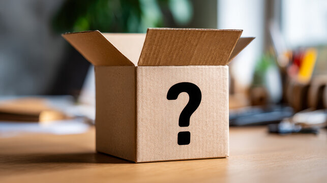 A cardboard box with an open lid featuring a large black question mark on the side sitting on a wooden table in a softly lit, blurred background office setting