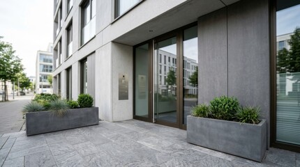 Fototapeta premium Modern apartment building entrance with glass doors and wooden canopy. Contemporary urban residential architecture. Exterior design featuring concrete and plants in city complex.