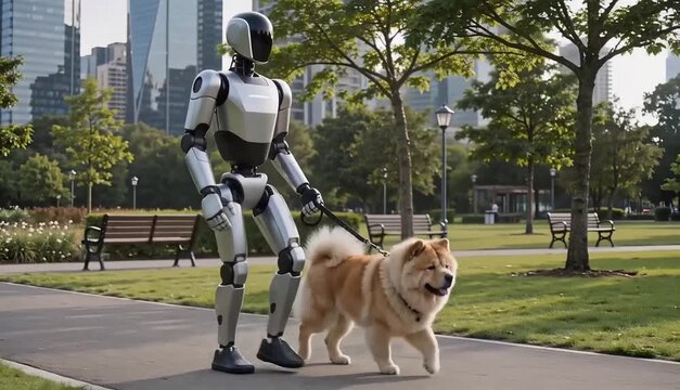 Generic sleek humanoid robot walking a fluffy dog on a leash in a sunny city park, future of artificial intelligence in daily life and automated pet care concept.