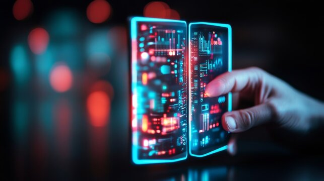 Hand interacts with glowing foldable screen displaying vivid redblue AI data and charts on dark bokeh background. Future tech UI concept., Digital Future, AI Interface