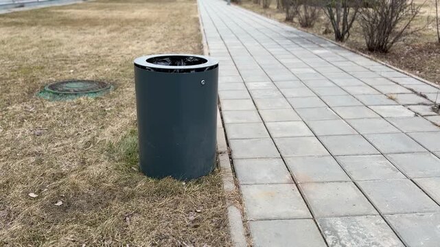 Grey waste bin on paved path, small metal receptacle stands beside dry spring grass and tiled sidewalk, scattered leaf litter
