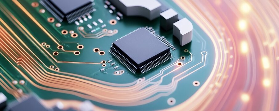 Luminous Copper Traces on a Green PCB with a Central Microchip, Highlighting Digital Data and AI Processing, Technology, Computing