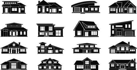 Fototapeta premium Modern Residential House Silhouette Collection Vector Illustration Set for Real Estate