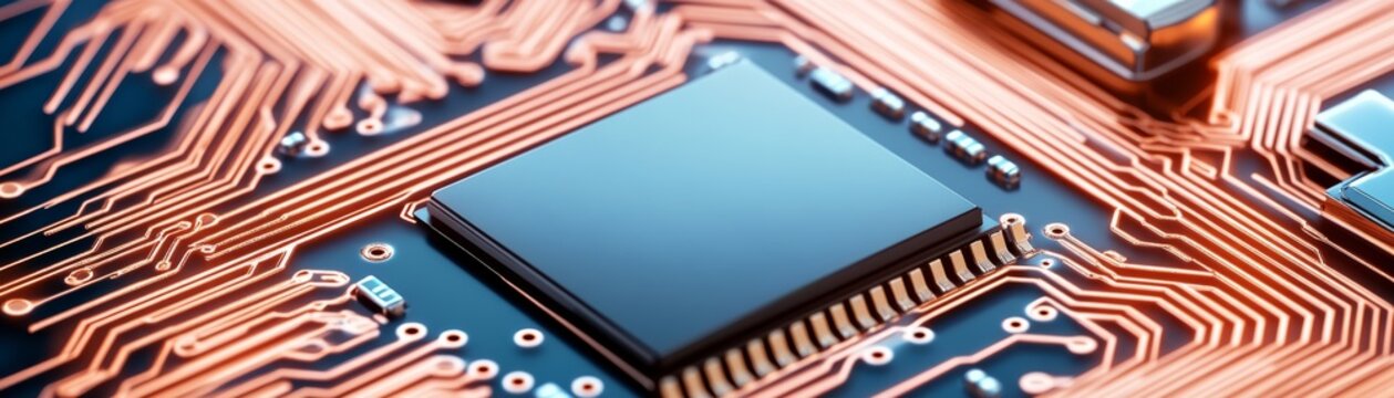 Macro shot of a sleek, dark processor chip embedded in a futuristic circuit board with luminous copper pathways, highlighting advanced microelectronics and digital innovation. ,AI,