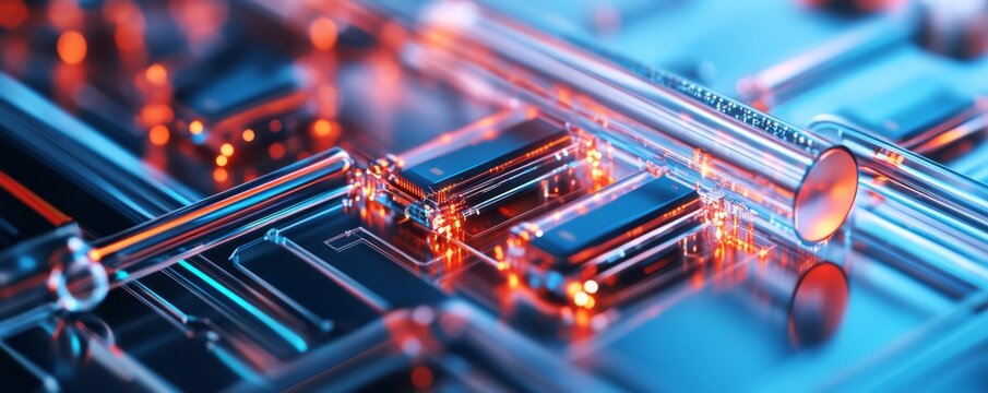 Macro view Glowing microchips and intricate glass pathways on a vibrant circuit board, illuminated by neon blue and orange light. Abstract AI data flow, future tech processing concept.