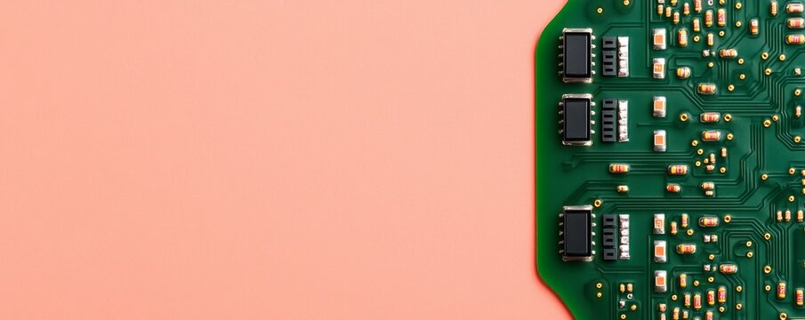 Minimalist flat lay Green PCB edge with microchips on peach background, offering ample copy space. Modern tech, digital innovation. Electronics, Circuitry