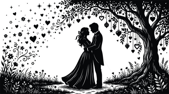 Romantic couple silhouette under decorative heart tree with floral elements dreamy love landscape vector illustration for valentine celebration