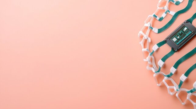 Peach background, top-down view A modular white structure with integrated AI circuit and teal cables, symbolizing neural networks, advanced connectivity and smart tech innovation.,