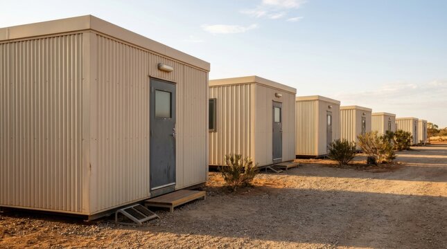 Row of portable cabins aligned in arid outback landscape. Worker housing units with lit windows at sunset. Remote industrial accommodation concept for mining sites and rural development.