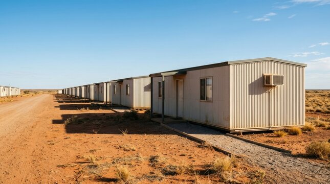 Row of portable cabins aligned in arid outback landscape. Worker housing units with lit windows at sunset. Remote industrial accommodation concept for mining sites and rural development.