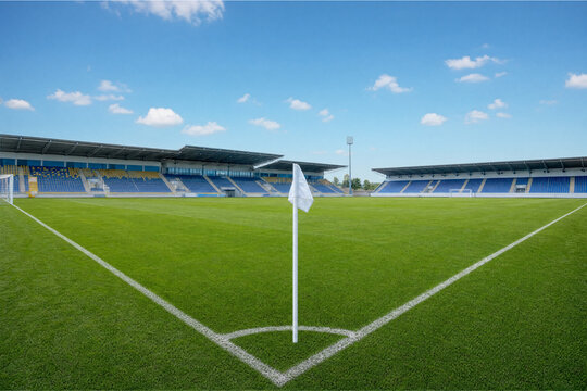 Empty soccer stadium corner with white flag and green grass under blue sky, professional sports arena for football matches and athletic competition events