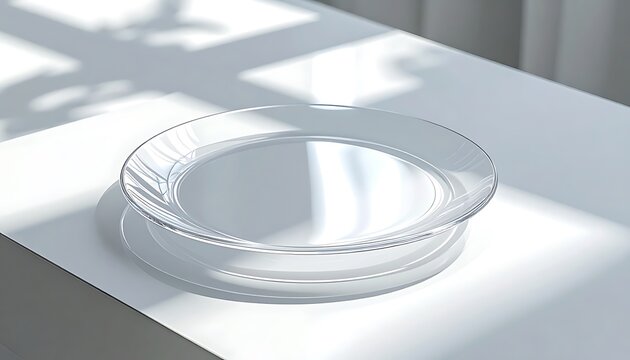 Empty clear glass plate on a white surface with soft window light and shadows, simple tableware setup, food preparation surface