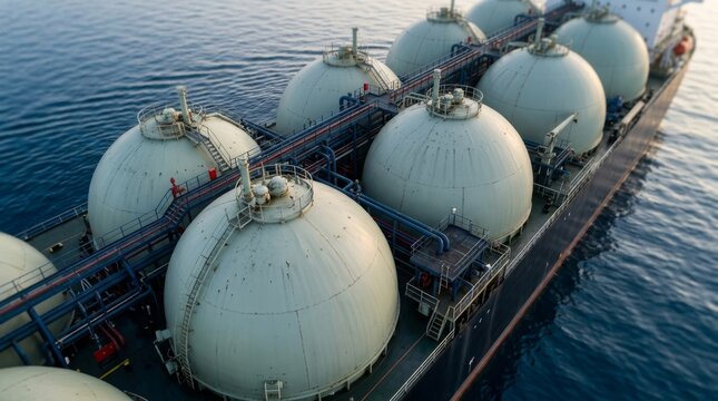 Aerial view of liquefied gas carrier ship with spherical cargo tanks on deck at sea. Maritime transportation of natural gas and petroleum. Industrial energy shipping and logistics concept.