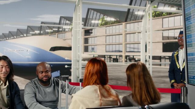 Agitated, delayed flights and gate agent giving bad news to upset passengers in airport. Reacting to flight cancellation, airline personnel announcement and angry tourists crowd
