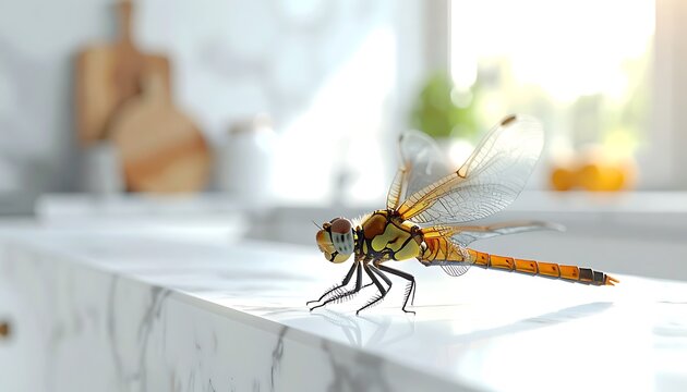 Detailed dragonfly with orange and black segmented body and translucent wings resting on a marble countertop with blurred kitchen background