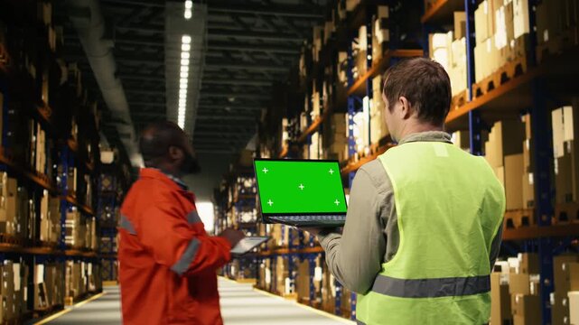Isolated screen laptop with distribution hub staff near merchandise depot area. Inventory tracking and dispatch activity provide e-commerce operations and manual labor in warehouse.