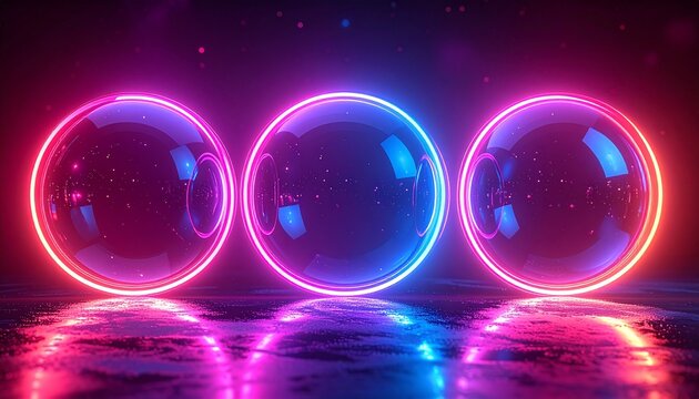 Glowing neon spheres in dark background.