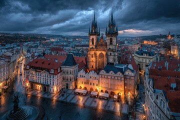 Obraz premium Evening View of Historic European City Square