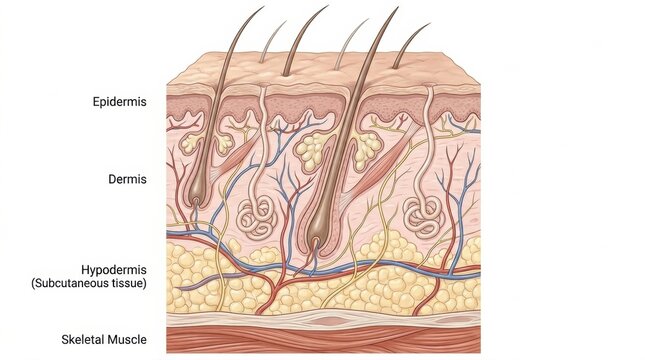 A cross-section of skin layers including the epidermis, dermis, hypodermis, and underlying skeletal muscle with hair follicles and blood vessels.