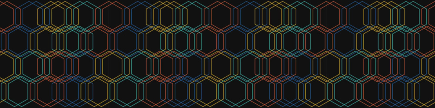 Seamless banner vector with colorful hexagon pattern. Overlapping geometric honeycomb outline on black background. Modern technology network design