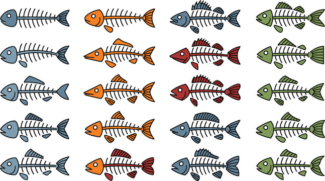 Colorful fish skeleton collection with cartoon marine animal anatomy designs in playful hand drawn vector illustration isolated on white background
