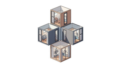 Fototapeta premium Isometric Modular Office Pods and Living Cubes Illustration - Innovative Architecture and Remote Work Concept Isolated on White