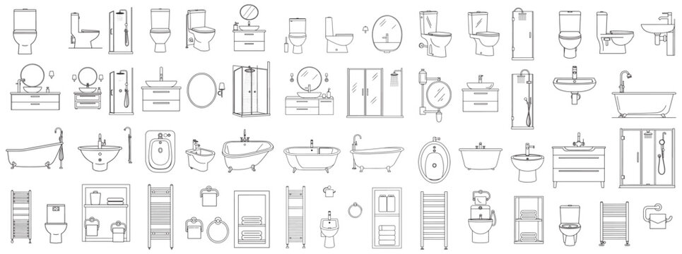 Bathroom Interior Design Symbols and Sanitary Ware Set - Vector Line Art Elevation Icons for Architectural Planning and Home Renovation