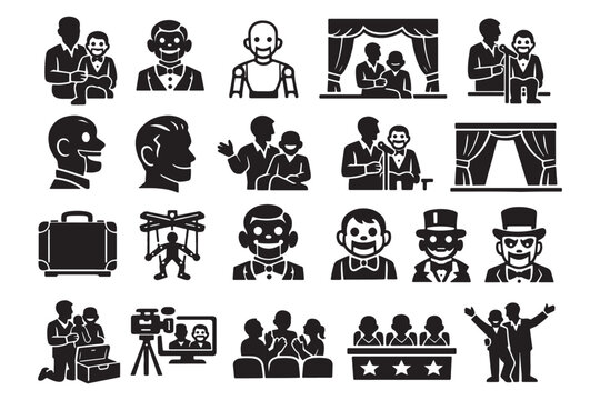 Ventriloquist and Puppet Stage Performance Icons Showing Puppets, Audience, Camera and Judges