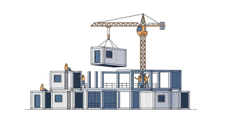 Obraz premium Modular Construction Site with Crane and Workers Building a Prefabricated Container House Illustration