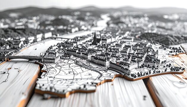 Detailed miniature city map on wooden table, showing urban landscape and river, tilt-shift effect with shallow depth of field, ideal for urban planning or real estate concepts