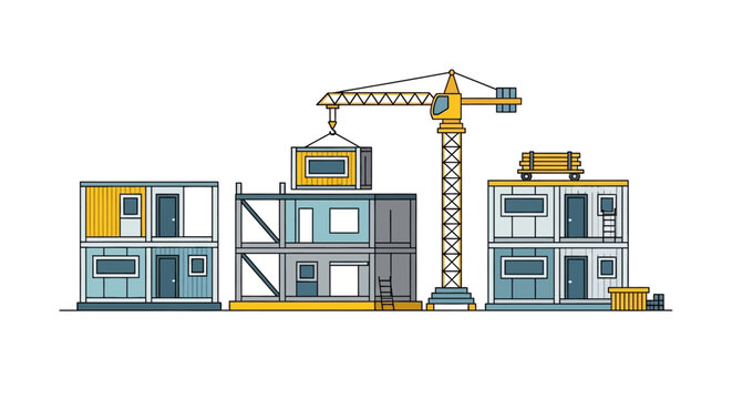Modular Sustainable Construction Site with Yellow Crane and Prefab Container Homes Flat Vector Illustration