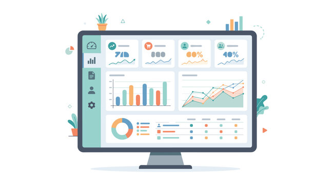 A computer monitor screen displays a comprehensive business analytics dashboard featuring multiple interactive bar graphs and trend lines in a soft pastel color palette.