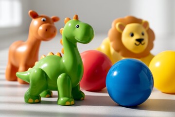 Fototapeta premium Vibrant Baby Toy Composition with Colorful Props Under Natural Light for Playtime