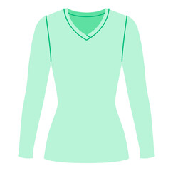 Naklejka premium Mint green V neck top Long Sleeve fitted silhouette smooth shaping, minimal structure and simple casual appearance suitable for everyday wear. Technical fashion illustration front view. Vector