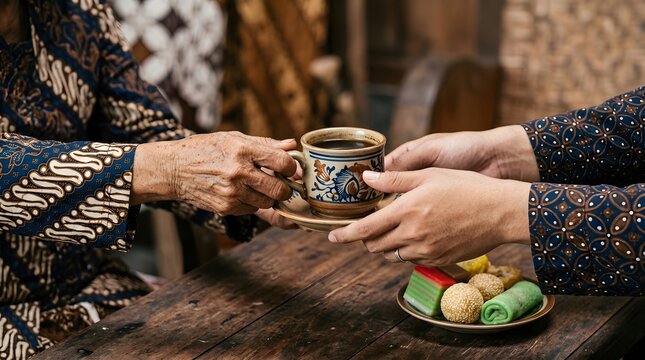 Younger Person Handing Cup of Hot Coffee to Elderly Woman Wearing Batik with Traditional Javanese Snacks