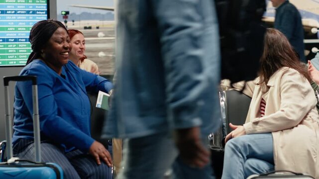 Chatting, group and multiethnic friends in airport waiting for departure gate to open. Having fun, international flight and travel buddies in air transportation transit hub, camera A