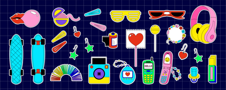 Cute y2k cartoon sticker collection in flat style shows retro, trendy and fun pink elements as 2000s and 90s inspired stickers. Collection of modern, playful elements for creative bundle.