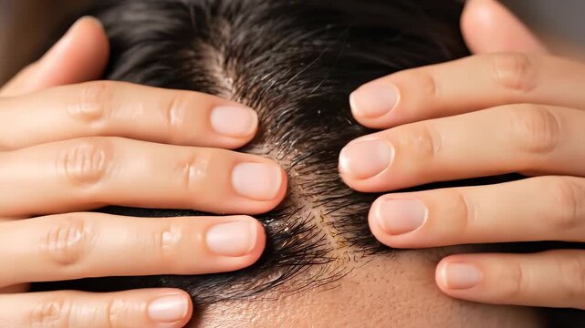 Close up of hands applying natural hair oil with a dropper onto a dark scalp, gently massaging for a hair growth treatment concept and beauty ritual