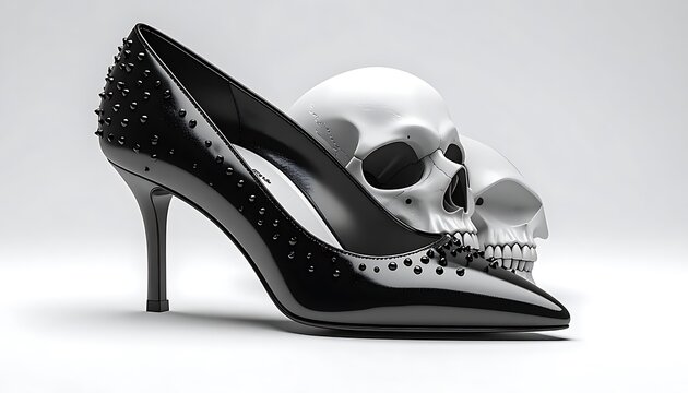 Elegant black stiletto heel shoe adorned with studs next to two skulls, symbolizing danger and fashion, gothic style