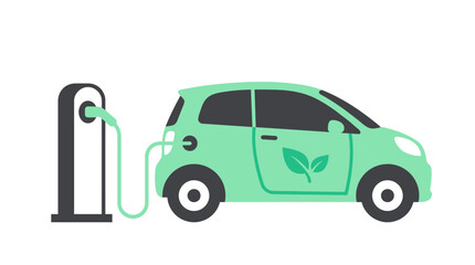 Naklejka premium An electric car is charging at a station with a leaf on its door.