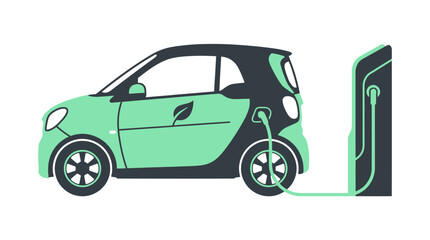 Naklejka premium A green electric car charges at an urban charging station on a white background.