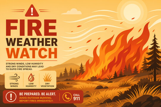Fire weather watch advisory with wildfire safety precautions displayed.