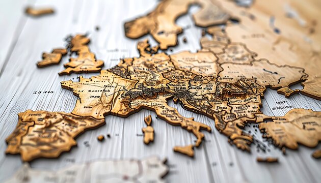 Detailed wooden map of Europe with country borders and cities, presented on a textured light grey surface, ideal for travel or geopolitical themes