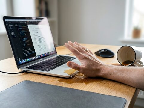 Frustrated man hand reacting to coffee spill accident on laptop computer and wooden desk at office