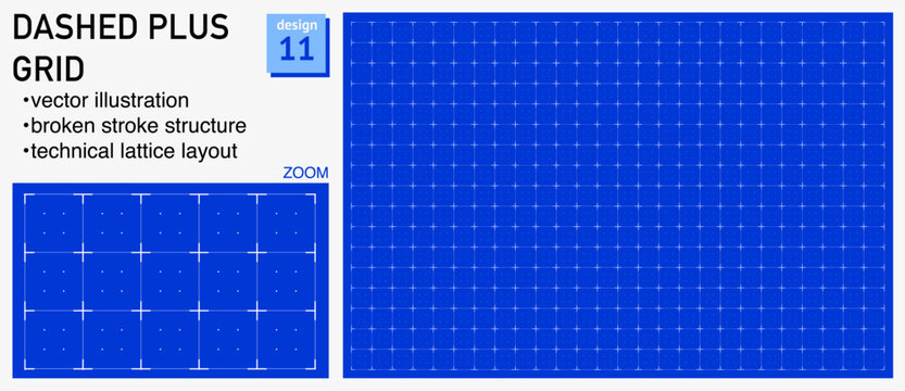 Blueprint grid system dashed plus geometry, zoom detail view. Broken stroke structure demonstration, engineering diagrams dashboards planning layouts interface systems digital graphics.