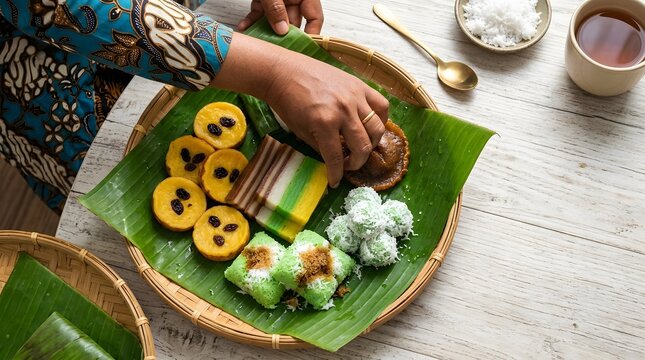 Woman hands arranging various Indonesian traditional snacks jajanan pasar on banana leaf bamboo tray